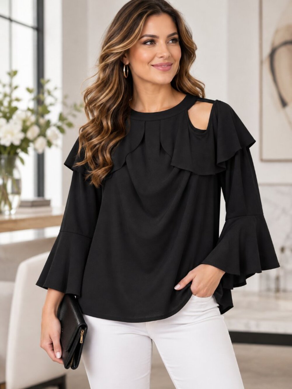 Thalia Sodi XL Black Cold Shoulder Ruffle Bell Sleeve Blouse Top NWT